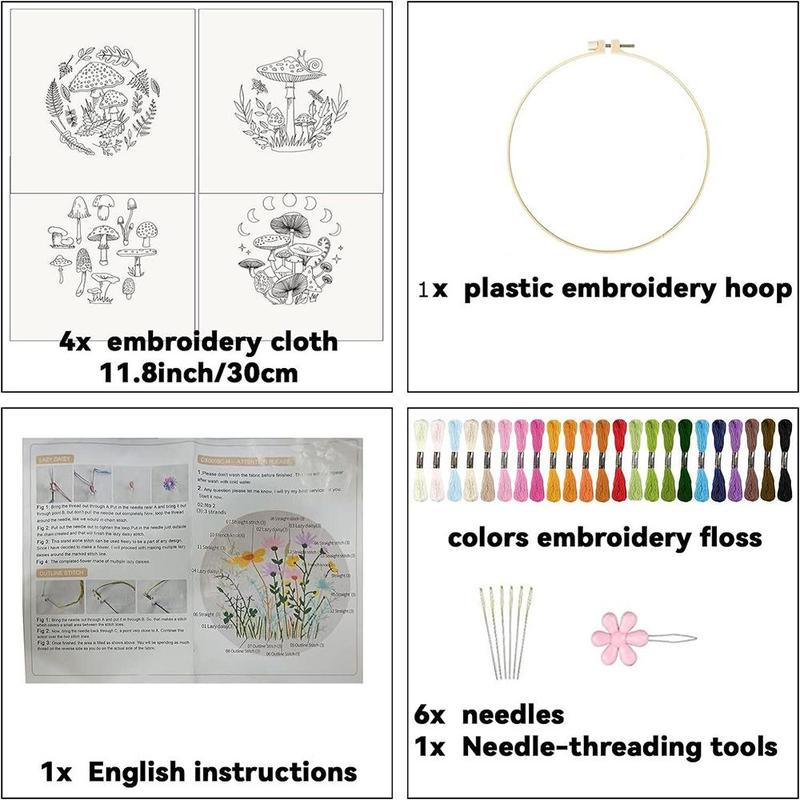 DIY Mushroom Pattern Embroidery Kit with Random Color Tools (1 Set), Mushroom Embroidery Starter Kit, DIY Embroidery Supplies for Beginners, Dorm Essentials, Room Decor, Home Decor [Package List as Picture Shown]