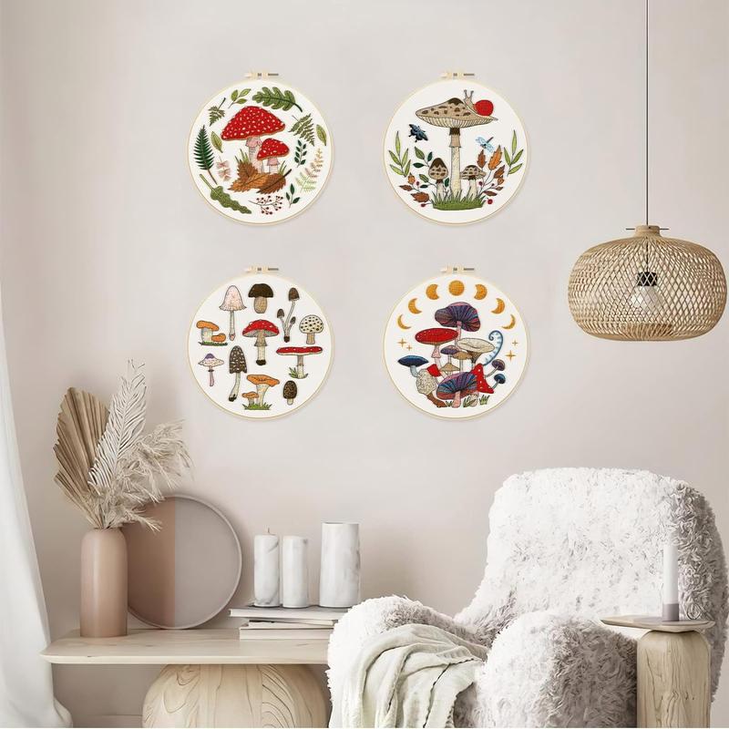 DIY Mushroom Pattern Embroidery Kit with Random Color Tools (1 Set), Mushroom Embroidery Starter Kit, DIY Embroidery Supplies for Beginners, Dorm Essentials, Room Decor, Home Decor [Package List as Picture Shown]