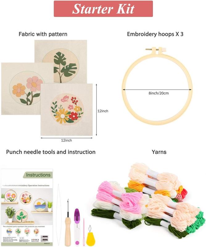 3 Set Punch  Embroidery Starter Kits Include Instruction, Punch  Fabric with Pattern, Yarns, Embroidery Hoops for Rug-Punch & Pinch