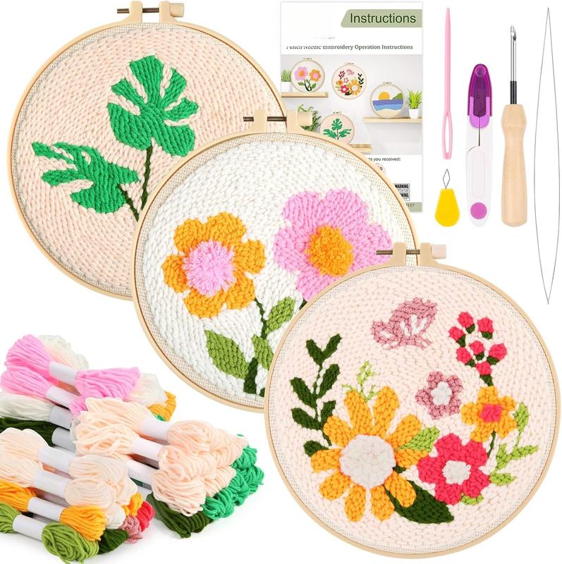 3 Set Punch  Embroidery Starter Kits Include Instruction, Punch  Fabric with Pattern, Yarns, Embroidery Hoops for Rug-Punch & Pinch