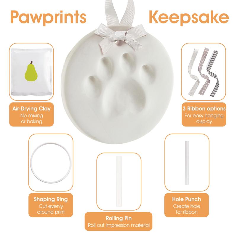 Pet Paw Print Keepsake Ornament Kit - DIY Hanging Clay Keepsake for Dogs & Cats, Pet's First Christmas Ornament, Customized Family Ornament, 3 Ribbons