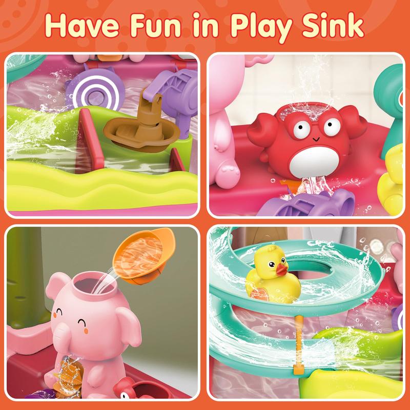 Play Sink with Running Water, 2 in 1 Electric & Manual Faucet Kitchen Sink Toy, Duck Slide Water Table Summer Toy, Floating Pool Toy Fishing Game, Kids Pretend Play Dishwasher Set for Boys Girls