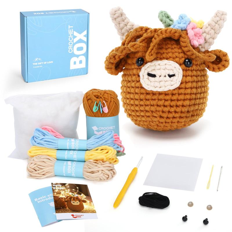 Highland Cow Crochet Kit, 1 Set DIY Highland Cow Beginners Crochet Kit, Including Soft Yarn, Step-by-Step Video Tutorial, Hook, Holiday Birthday Gift for Adults, Christmas Gift