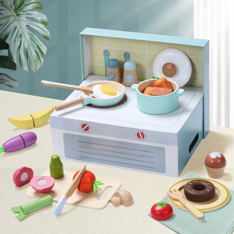 Giant bean Wooden Play Food Set, Play Kitchen Accessories, 71PCS Pretend Play Cooking Toy, Vegetables Fruits Cutting Toys, Play Dishes, Educational Toys