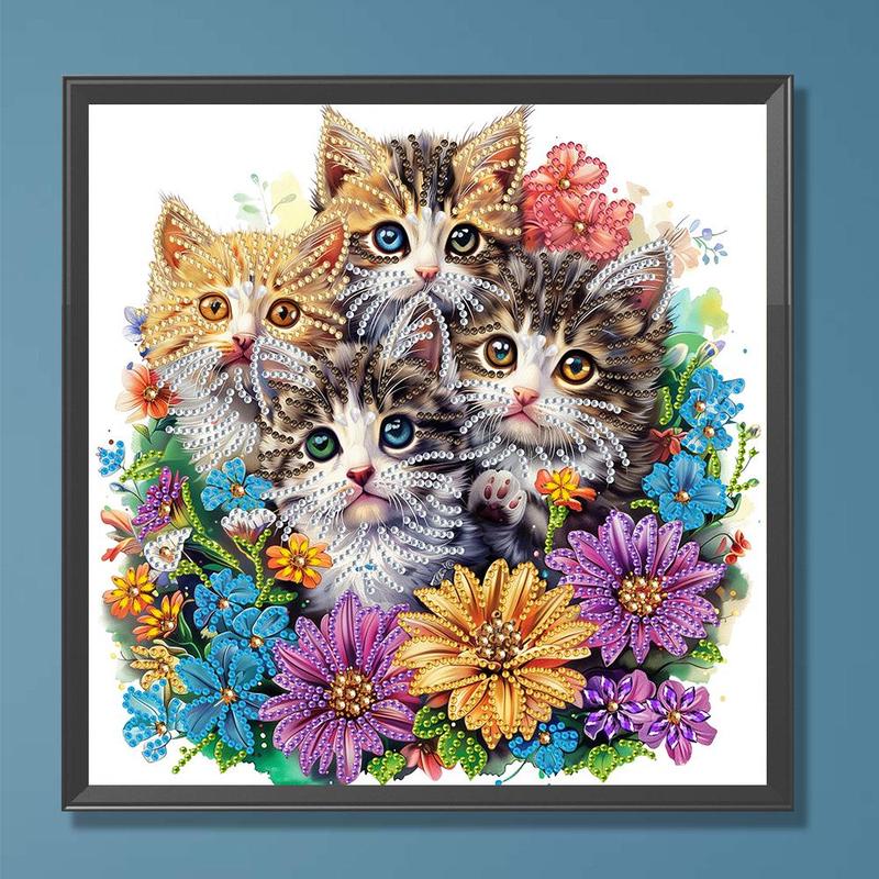 Cat & Flower Pattern DIY Diamond Arts Colorful Painting Kit without Frame, DIY 5D Irregular Diamond Arts Colorful Painting Kit, Wall Art Decor for Home