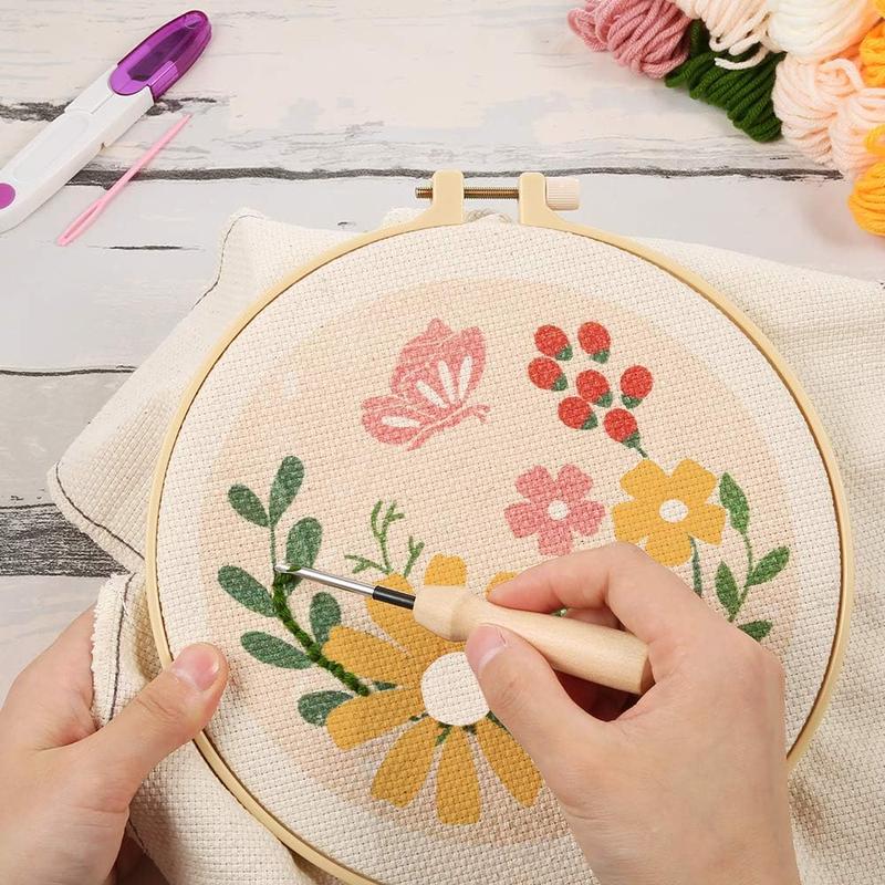 3 Set Punch  Embroidery Starter Kits Include Instruction, Punch  Fabric with Pattern, Yarns, Embroidery Hoops for Rug-Punch & Pinch