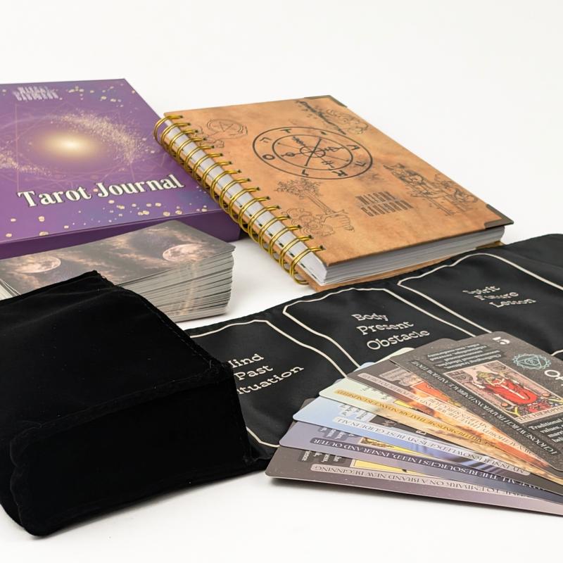 Tarot Learning Set for Beginners in BLACK with Tarot Journal, Tarot Cards, Velvet Tarot Holder Wrap, Tarot Journal, and Stickers