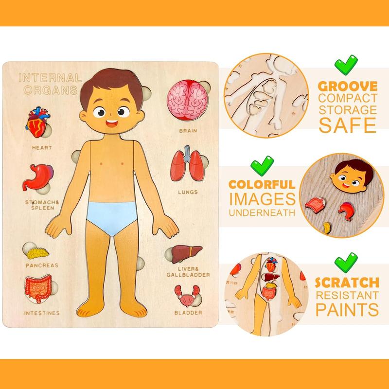 Wooden Body Puzzles for Kids, Toddler Montessori 14 count Boy Anatomy Puzzle, Human Body Learning Toy with Internal Organs Early STEM Educational Toy for Boys and Girls Ages 3 4 5 6 Years Old