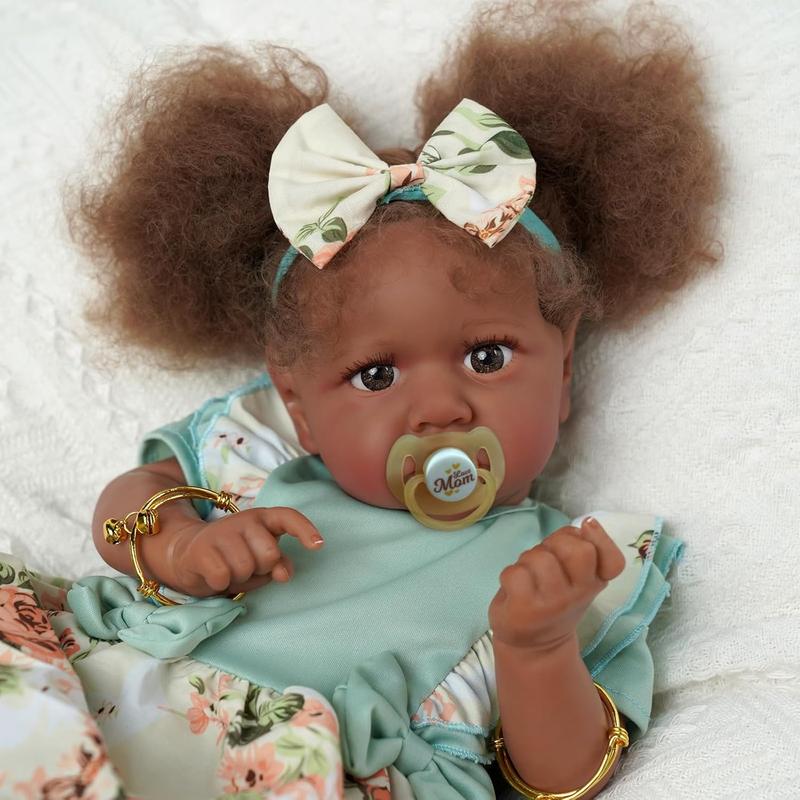 Reborn Baby Dolls Black - 22 Inch Lifelike Soft Body Realistic-Newborn Baby Dolls Taupe Eyes Caramel Skin Tone Orange Crushed Flowers Skirt Real Life Baby Dolls Gift For Kids Age 3