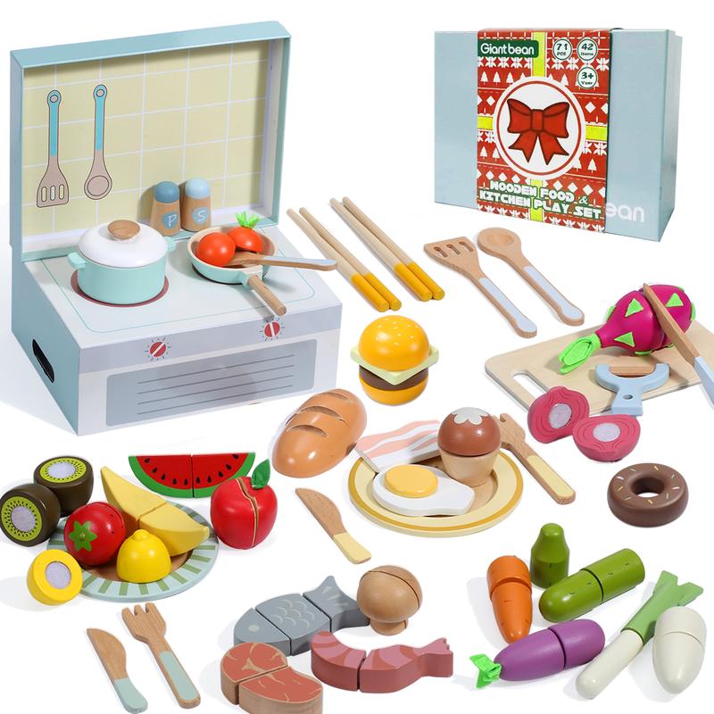 Giant bean Wooden Play Food Set, Play Kitchen Accessories, 71PCS Pretend Play Cooking Toy, Vegetables Fruits Cutting Toys, Play Dishes, Educational Toys