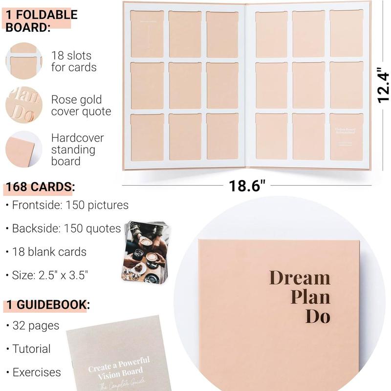 Vision Board Kit for Women - 168 Cards with Premium Pictures & Quotes, Foldable Board & Guide Book | Complete Manifestation Clip Art Craft Supplies for Adults |  Dream Plan Do All-in-One Kit