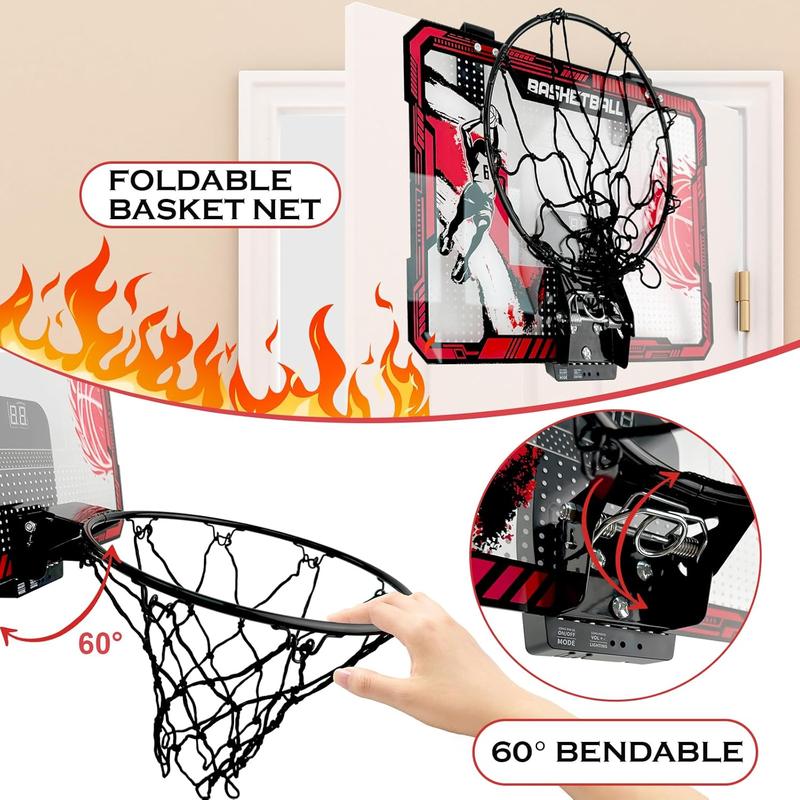 Basketball Hoop Indoor, Over The Door Basketball Hoops with LED Lighting, Mini Hoop with Electronic Scoreboard, 4 Balls & Pump, Basketball Gifts for 5 6 7 8 9 10 11 12 Year Old Boys Girls