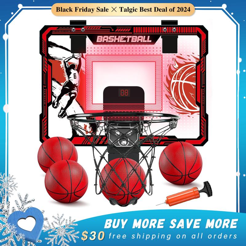 Basketball Hoop Indoor, Over The Door Basketball Hoops with LED Lighting, Mini Hoop with Electronic Scoreboard, 4 Balls & Pump, Basketball Gifts for 5 6 7 8 9 10 11 12 Year Old Boys Girls