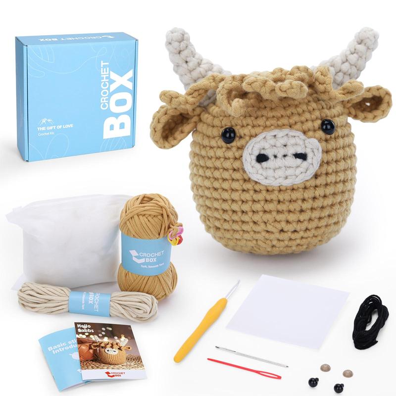 Highland Cow Crochet Kit, 1 Set DIY Highland Cow Beginners Crochet Kit, Including Soft Yarn, Step-by-Step Video Tutorial, Hook, Holiday Birthday Gift for Adults, Christmas Gift