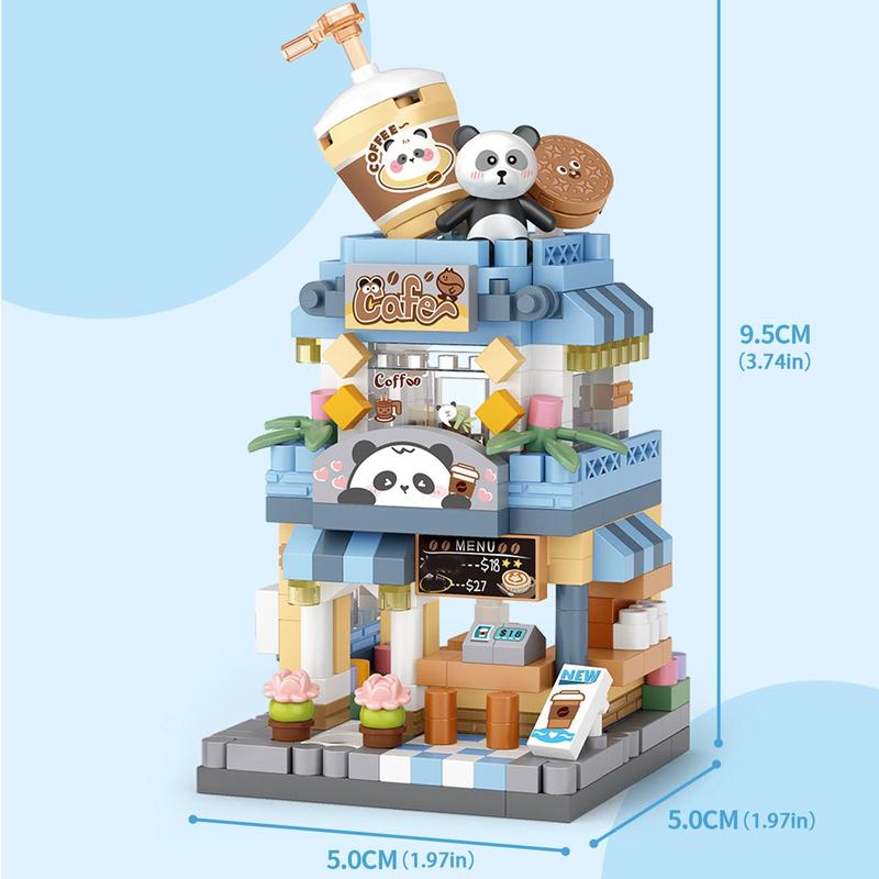 1 Set Cartoon Panda Cafe Building Blocks, Miniature Model Building Toys for Kids, Creative Architectural Model Mini Ornaments