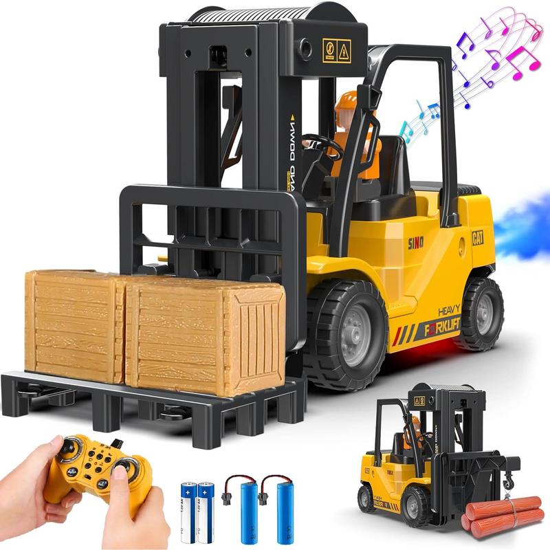 RC Forklift Truck, 2 in 1 Transform Lift Fork & Hook, Kids Forklift Toy, 11 Channel Remote Control Forklift for Adults, 2 Battery, Spray, Light, RC Construction Vehicles Toy Gift for Kids 6+