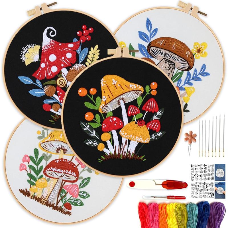 4 Set Mushroom Embroidery Kit for Beginners with Embroidery Patterns, Embroidery Kits for Adults, Beginner Embroidery Kit for Adults, Learn to Embroider Kit, Cross Stitch Kits for Beginners