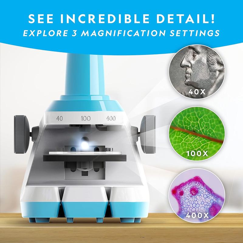 NATIONAL GEOGRAPHIC Microscope for Kids - Science Kit with an Easy-to-Use Kids Microscope, Up to 400x Zoom, Blank and Prepared Slides, Rock & Mineral Specimens, STEM Project Toy ( Exclusive)