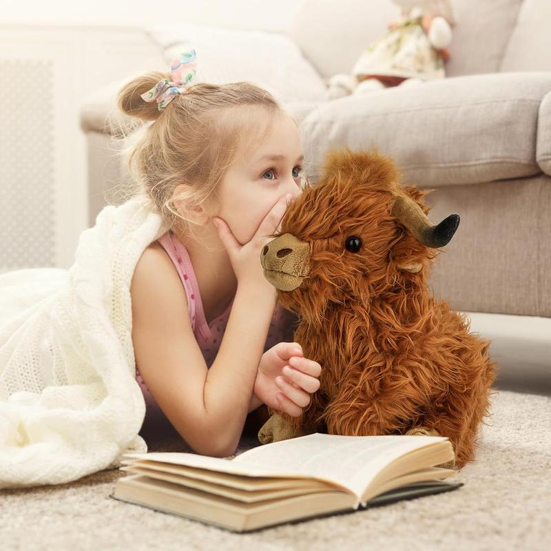 10.5 inches Highland Cows Stuffed Animals, Cute Fluffy Cow Plush Figure Toys Realistic Highland Cattle Plush Decor for Kids Baby Girls Boys