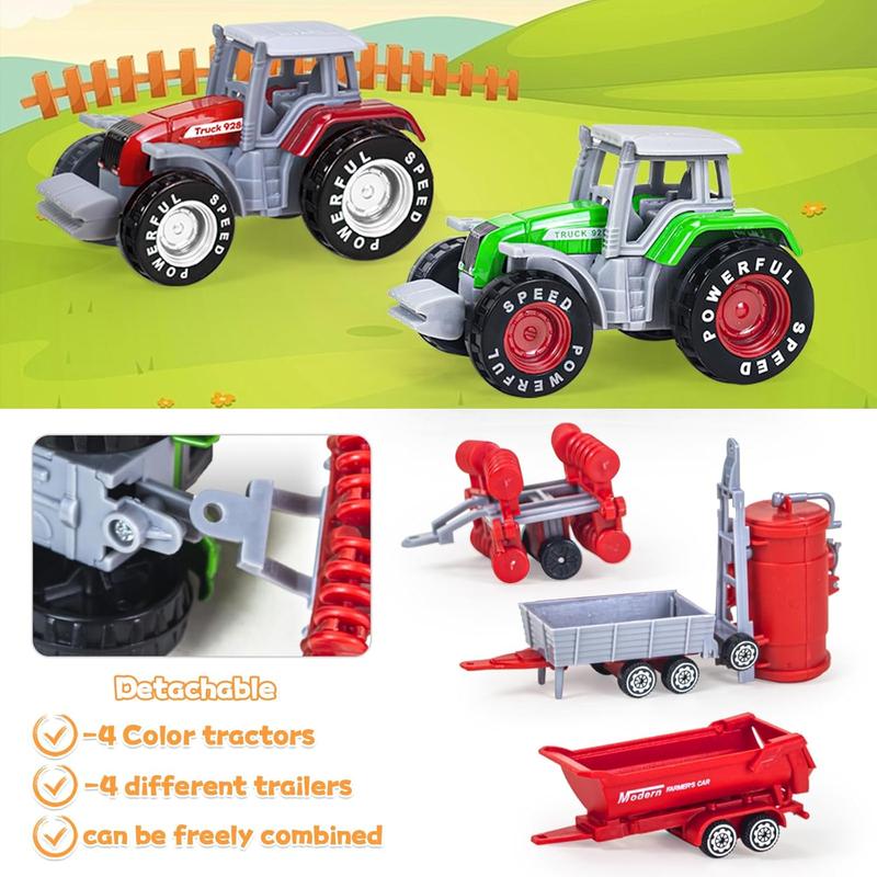 4 Pack Farm Tractor Toys with Trailers, Die cast Tractor Toys for Kids 3-5 Detachable Alloy Farm Tractors and Truck Toys for Toddlers Boys 3 4 5 6 7 8 Birthday Gift & Cake Toppers