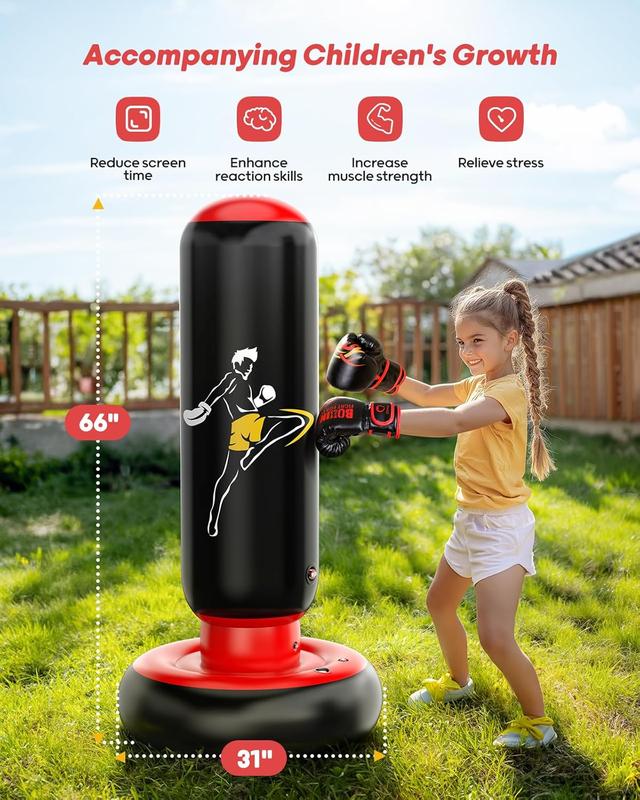 Kids Punching Bag Toy with Boxing Gloves, 66 Inch Larger Stable Kids Inflatable Boxing Bag Set, Gifts for Boys & Girls Age 6-12, for Practicing Karate, Taekwondo, MMA