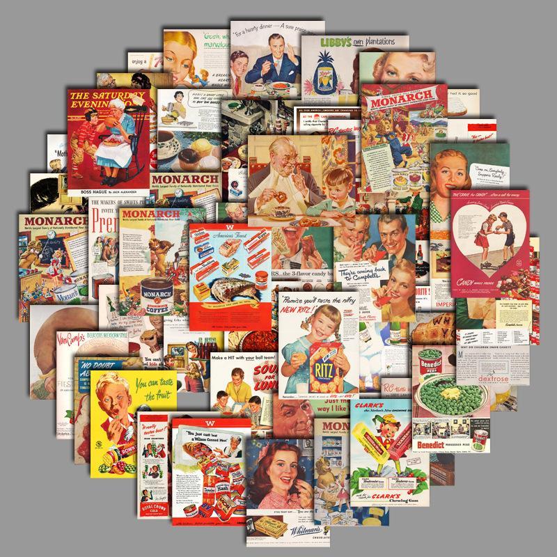 50pcs Pack Vintage Poster Pattern Decorative Sticker, Waterproof Sticker For DIY Scrapbook Water Bottle Decoration