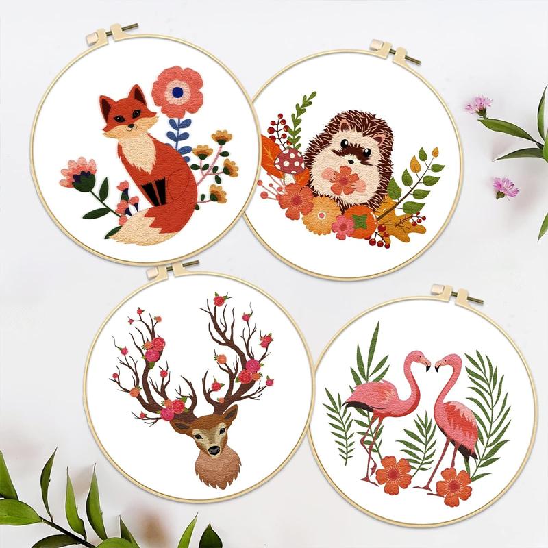 Fox & Hedgehog & Rabbit & Flower Pattern Embroidery Kit, 1 Set DIY Handmade Embroidery Set, Cross Stitch DIY Art Craft For Beginners