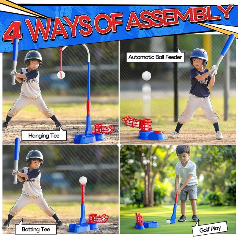 EagleStone 4-in-1 T-Ball Set, Tee Ball Stand, Hanging Tee, Ball Launcher, and Golf with 6 Softballs – Outdoor Sports Toy