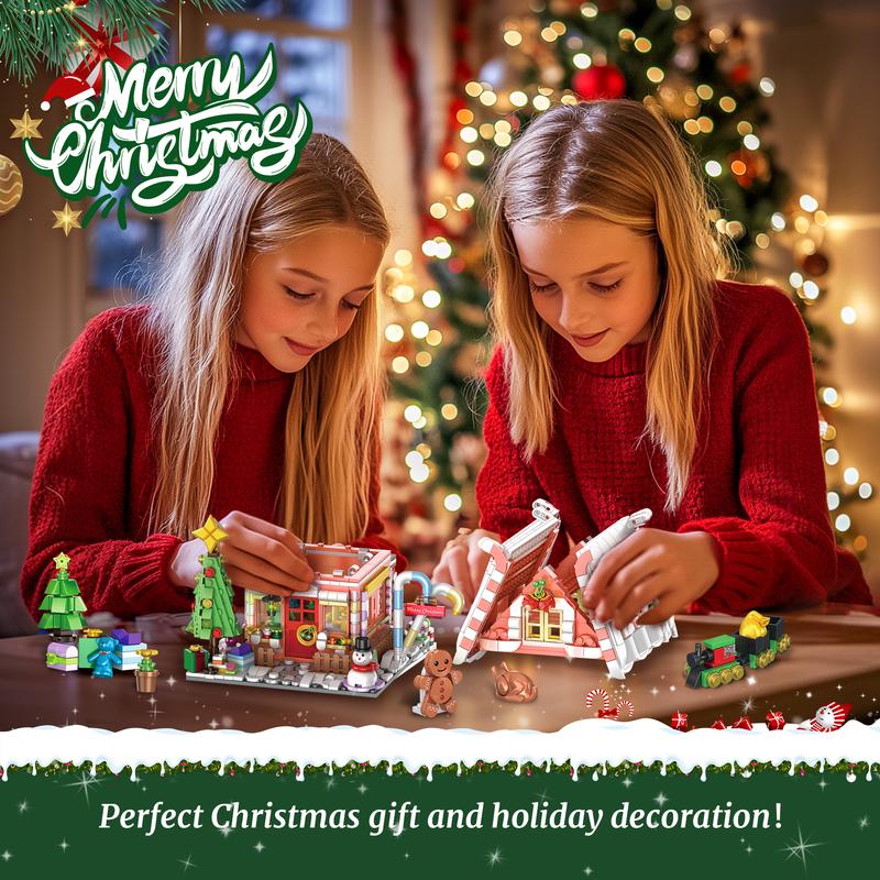 Christmas 2024 TOKMOC Gingerbread House Building Block Set,Pink,Green,Village House Blocks Architecture Set with Christmas Tree and Train,Christmas Ornaments Gift and Home Decoration,For aged 12 and above,66057,1288 Pieces