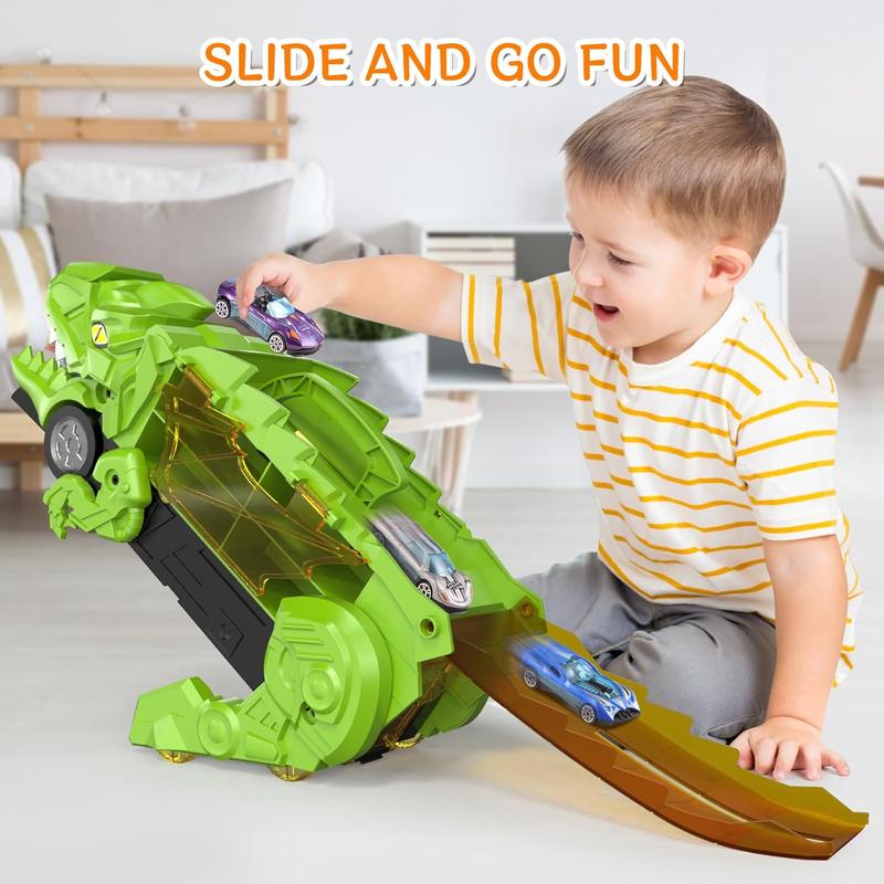 Green Dinosaur Truck Toy Set for Ages 3+  T-Rex Transporter with 8 Mini Cars, Transforms into Dinosaur Race Track, Swallow & Slide Action, Convenient Storage, Gift-Ready Packaging