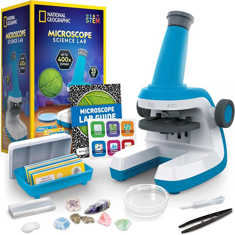 NATIONAL GEOGRAPHIC Microscope for Kids - Science Kit with an Easy-to-Use Kids Microscope, Up to 400x Zoom, Blank and Prepared Slides, Rock & Mineral Specimens, STEM Project Toy ( Exclusive)