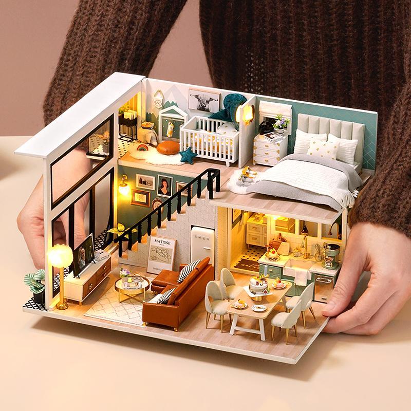 DIY Wooden House Kit, DIY Miniature House Kit with LED Light, Creative Home Decoration, DIY Handmade Model Building Kit, Wooden 3D Puzzle Toy