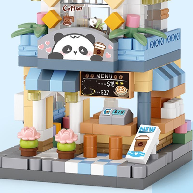 1 Set Cartoon Panda Cafe Building Blocks, Miniature Model Building Toys for Kids, Creative Architectural Model Mini Ornaments