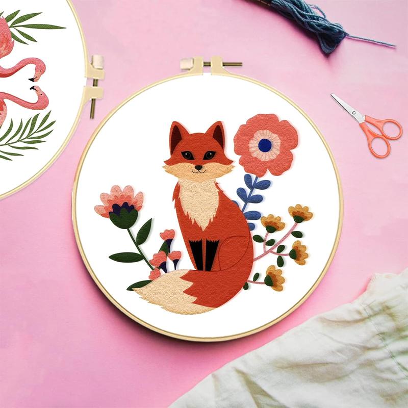 Fox & Hedgehog & Rabbit & Flower Pattern Embroidery Kit, 1 Set DIY Handmade Embroidery Set, Cross Stitch DIY Art Craft For Beginners