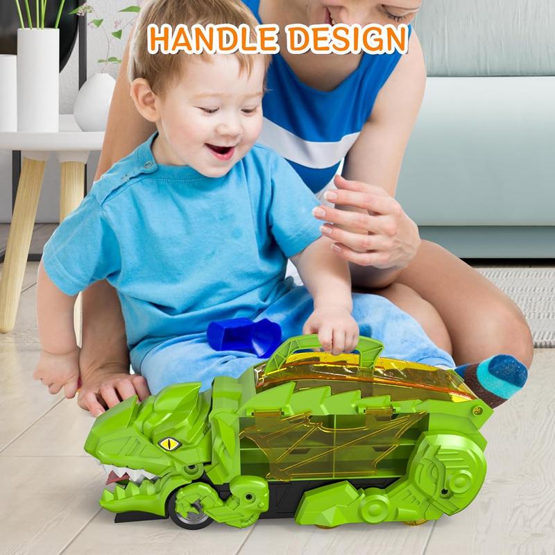 Green Dinosaur Truck Toy Set for Ages 3+  T-Rex Transporter with 8 Mini Cars, Transforms into Dinosaur Race Track, Swallow & Slide Action, Convenient Storage, Gift-Ready Packaging