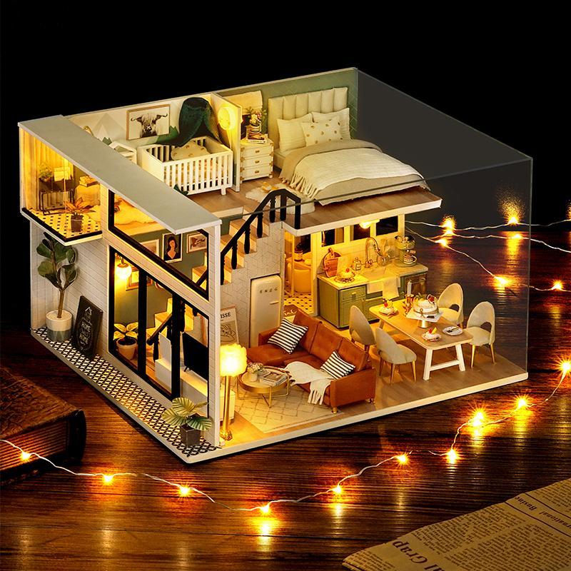 DIY Wooden House Kit, DIY Miniature House Kit with LED Light, Creative Home Decoration, DIY Handmade Model Building Kit, Wooden 3D Puzzle Toy