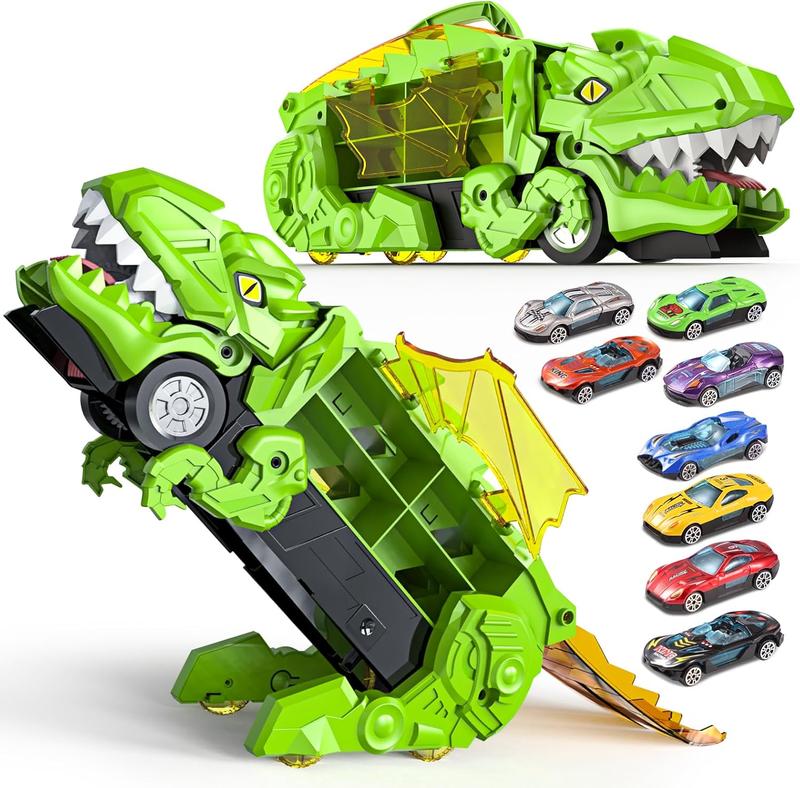 Green Dinosaur Truck Toy Set for Ages 3+  T-Rex Transporter with 8 Mini Cars, Transforms into Dinosaur Race Track, Swallow & Slide Action, Convenient Storage, Gift-Ready Packaging