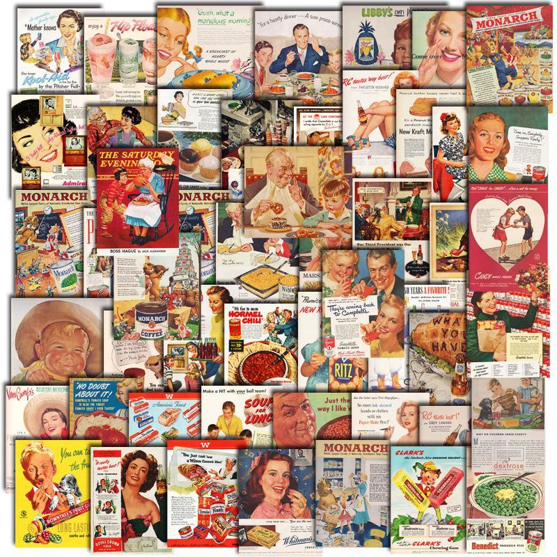 50pcs Pack Vintage Poster Pattern Decorative Sticker, Waterproof Sticker For DIY Scrapbook Water Bottle Decoration