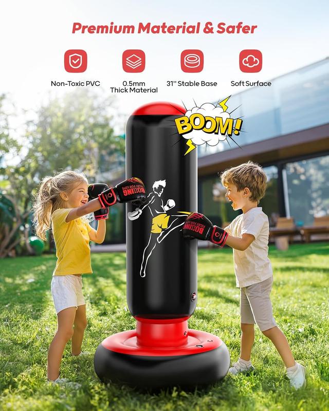 Kids Punching Bag Toy with Boxing Gloves, 66 Inch Larger Stable Kids Inflatable Boxing Bag Set, Gifts for Boys & Girls Age 6-12, for Practicing Karate, Taekwondo, MMA