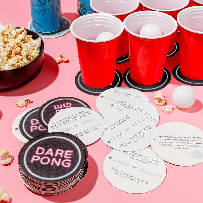 Dare Pong - Drinking Game for Adults, Bachelorette Party Games, Adult Party Games - Full Beer Pong Set and 50 Coasters with Dares - Perfect for Couples Card Game, 21st Birthday Gifts for Her