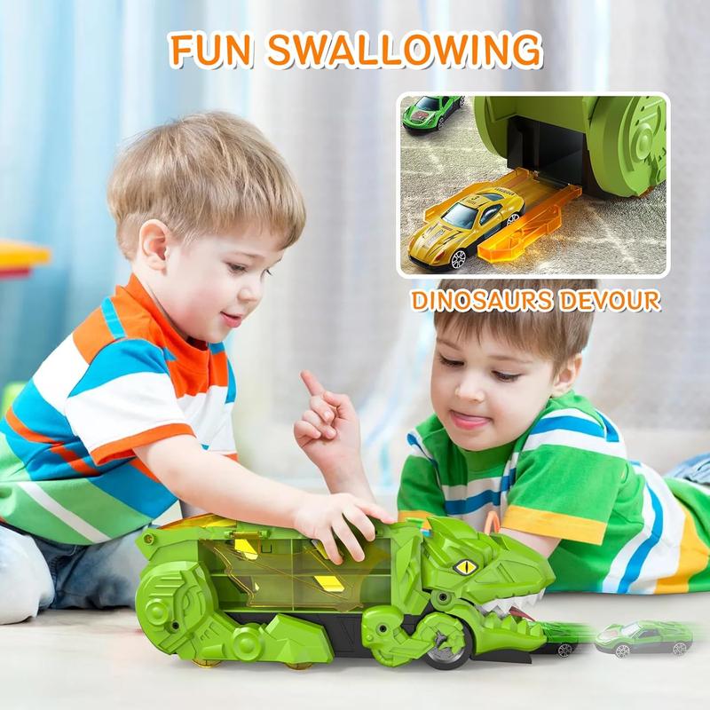 Green Dinosaur Truck Toy Set for Ages 3+  T-Rex Transporter with 8 Mini Cars, Transforms into Dinosaur Race Track, Swallow & Slide Action, Convenient Storage, Gift-Ready Packaging