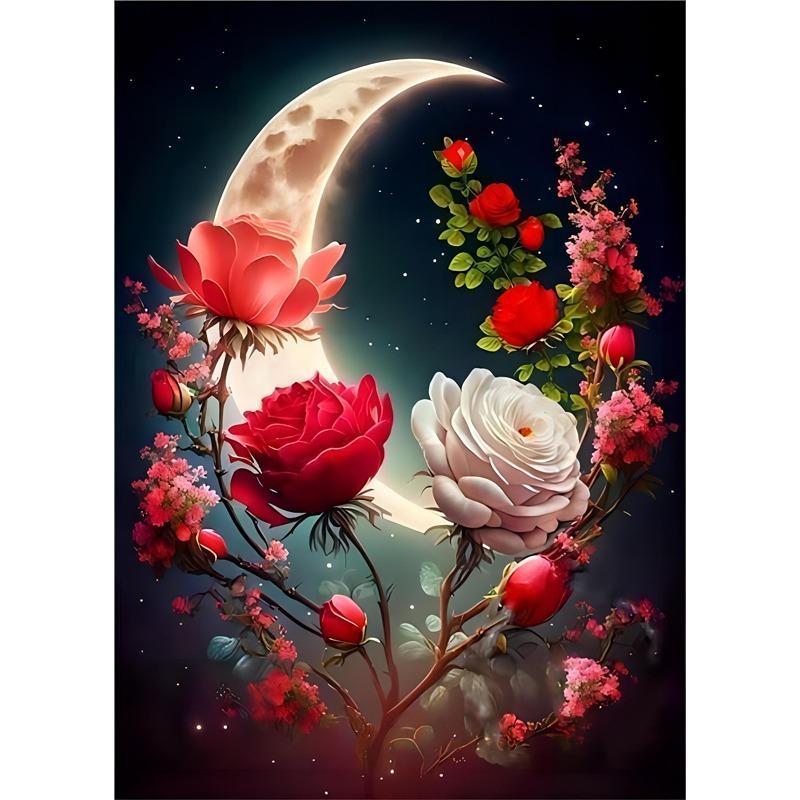 Diamond Arts Colorful Painting Kit, Moon & Flower DIY Rhinestone Embroidery Set, Full Drill Embroidery Pasted Painting Without Frame For Home Wall Decor