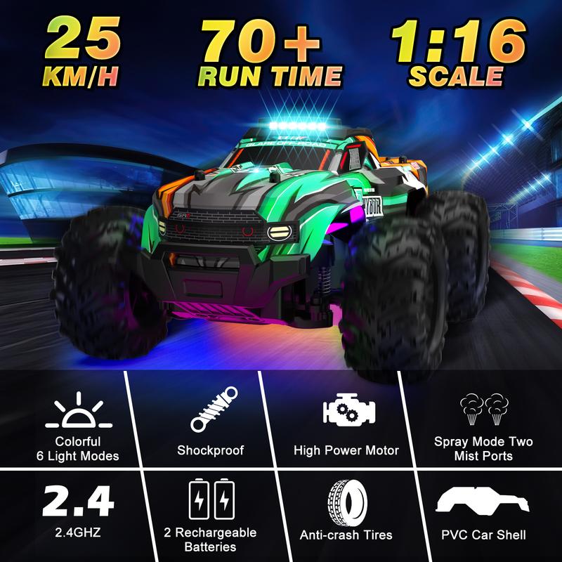 BLUEJAY Remote Control Car, 1:16 All Terrain High Speed RC Cars Truck for Boy, Rechargeable Monster RC Truck with Colorful LED Lights & Spray, RC Cars Toys Gifts for Adults Kids Boys Girls remote control