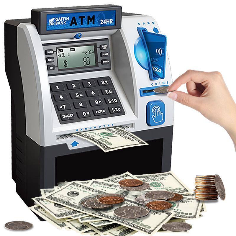 Kids Piggy Bank ATM Toy, teach your kids how to save. Realistic ATM keypad, PIN safe, coins and banknotes, birthday gift, daily saving fun.