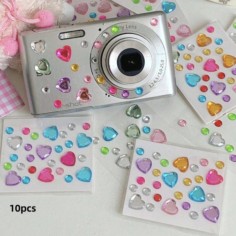 Random Color Heart Shaped Rhinestone Sticker (10pcs pack), Colorful Mini Decorative Sticker, Decorative Decal for DIY Diary, Camera, Mobile Phone