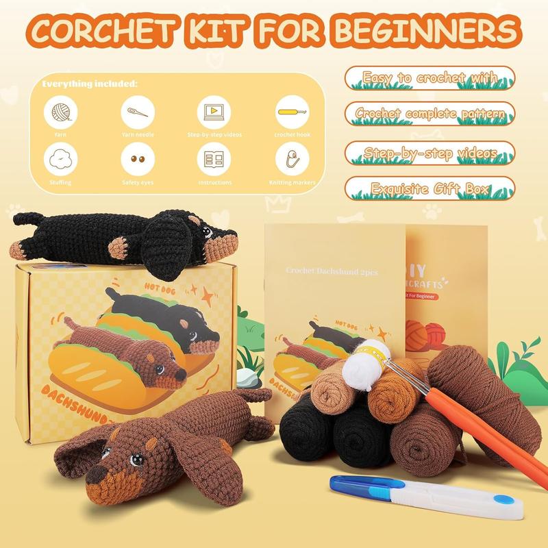 Crochet Kit for Beginners - 2 count Dachshund Crochet Kit with Step-by-Step Video Tutorials, Beginner Crochet Kit for Adults, Crochet  Kit for , Dog Crocheting Set (Brown & Black)