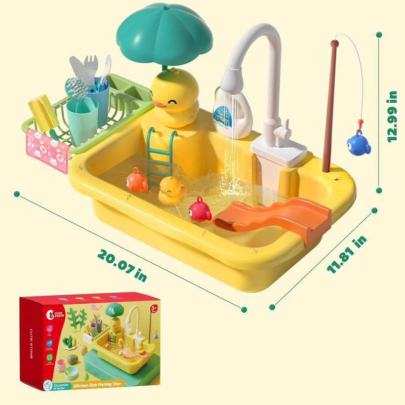 CUTE STONE Play Sink with Running Water, Kitchen Sink Toys with Play Food and Kitchen Utensils, Pool Floating Toys for Fishing Game