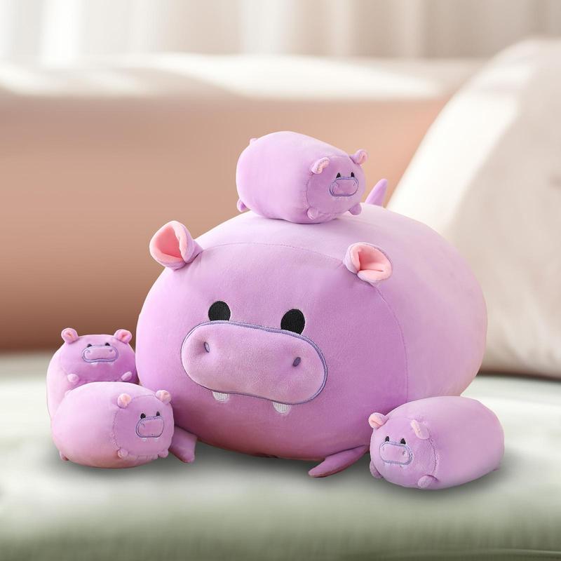 Cute Hippo Design Plush Toy, Stuffed Animal Toy, Soft & Comfy Plush Toy, Hippo Mommy with 4 Babies Hippo in her Tummy, Lovely Plush Toy