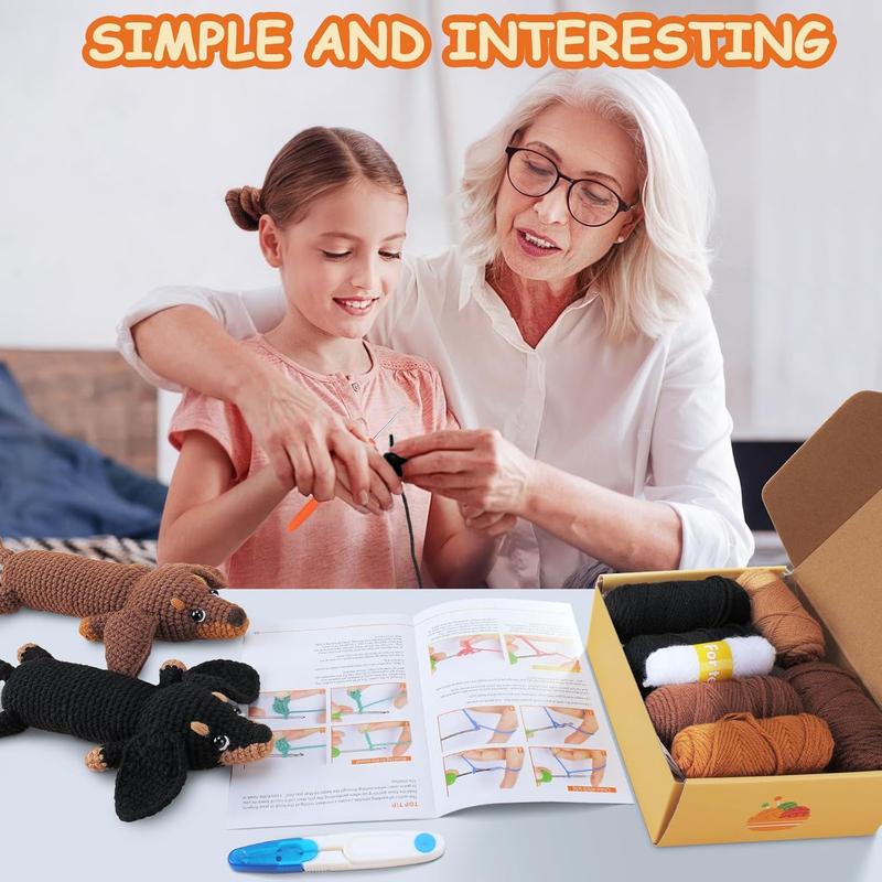 Crochet Kit for Beginners - 2 count Dachshund Crochet Kit with Step-by-Step Video Tutorials, Beginner Crochet Kit for Adults, Crochet  Kit for , Dog Crocheting Set (Brown & Black)