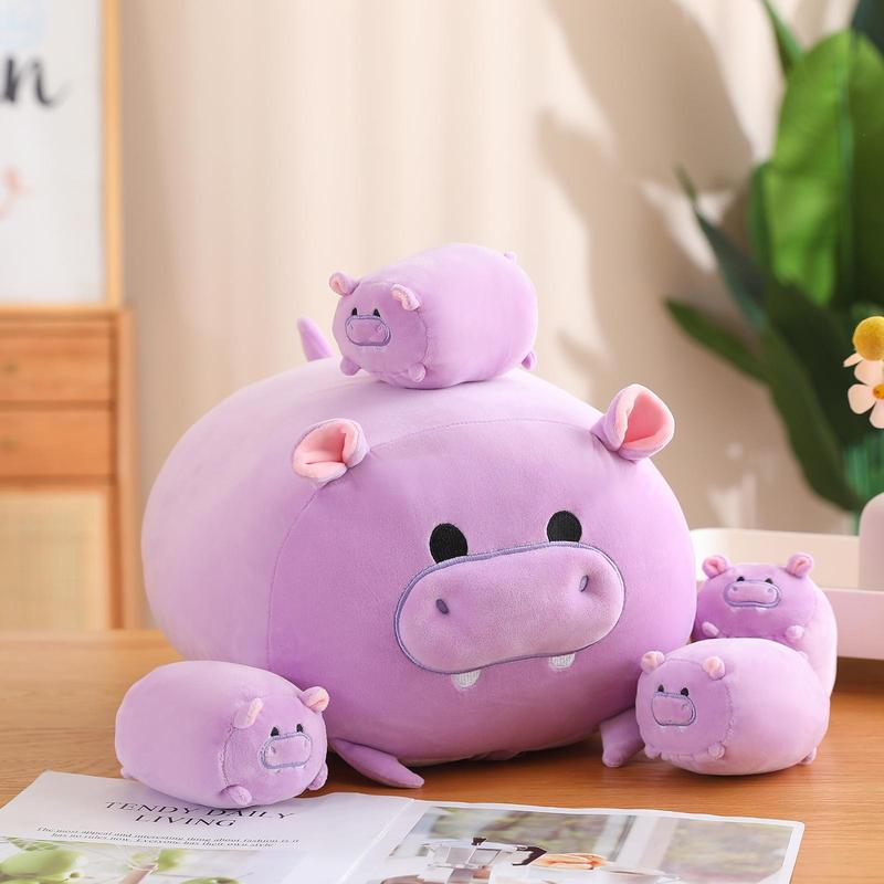 Cute Hippo Design Plush Toy, Stuffed Animal Toy, Soft & Comfy Plush Toy, Hippo Mommy with 4 Babies Hippo in her Tummy, Lovely Plush Toy